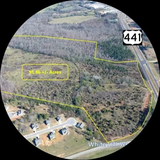 Whitemill Village 项目地块航拍,标出 US-441 公路与地块位置